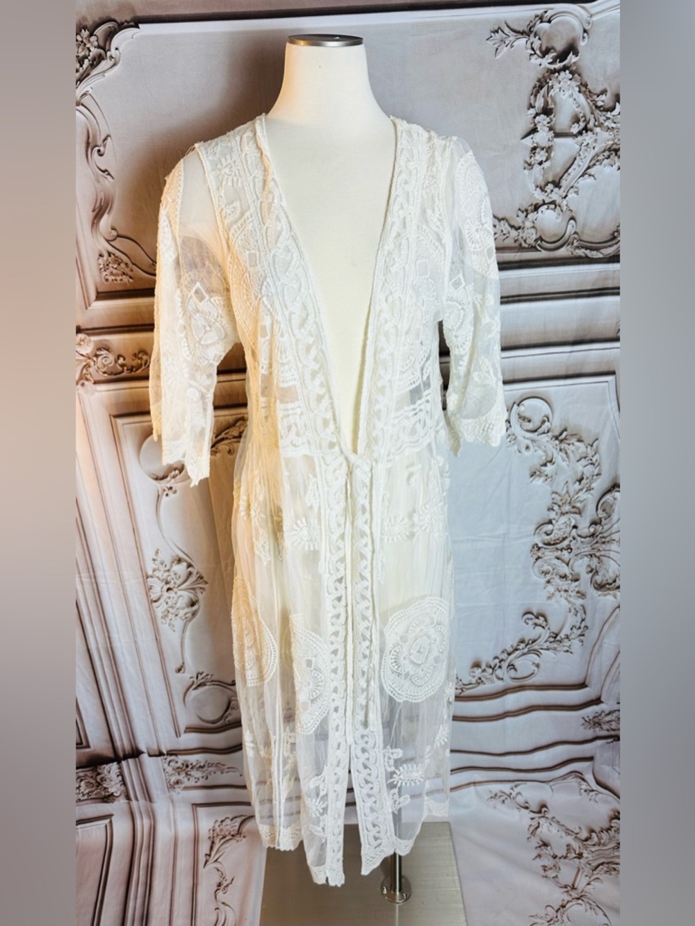Rebellion Sheer White Embroidered Lace Long Cardigan - Picture 2 of 9